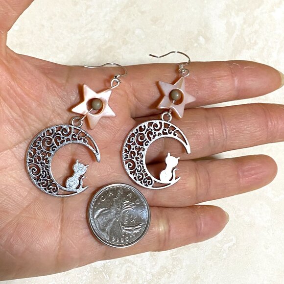 2/$20, Pink Mother of Pearl Star + Cat on the Moon Silver Dangle Earrings - Picture 9 of 10